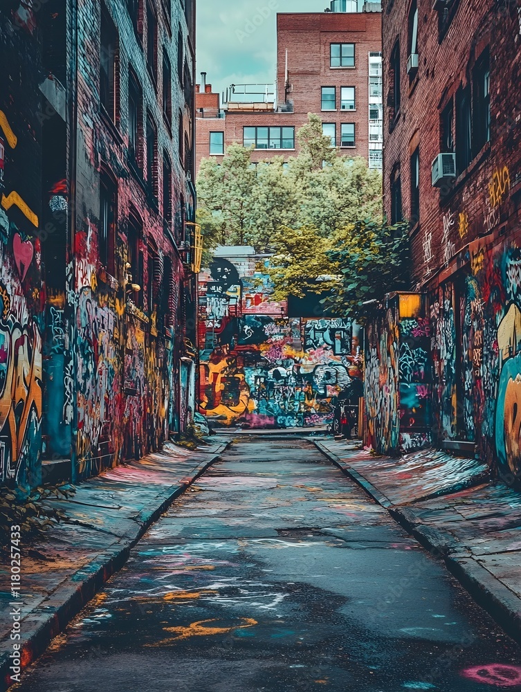 Fototapeta premium A photo of a graffiti-covered alleyway with colorful spray-painted walls.