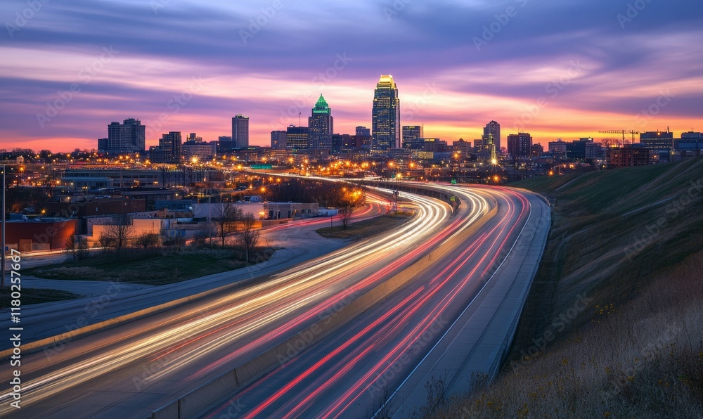 Fototapeta premium Cityscape at Twilight with Light Trails on Urban Highway