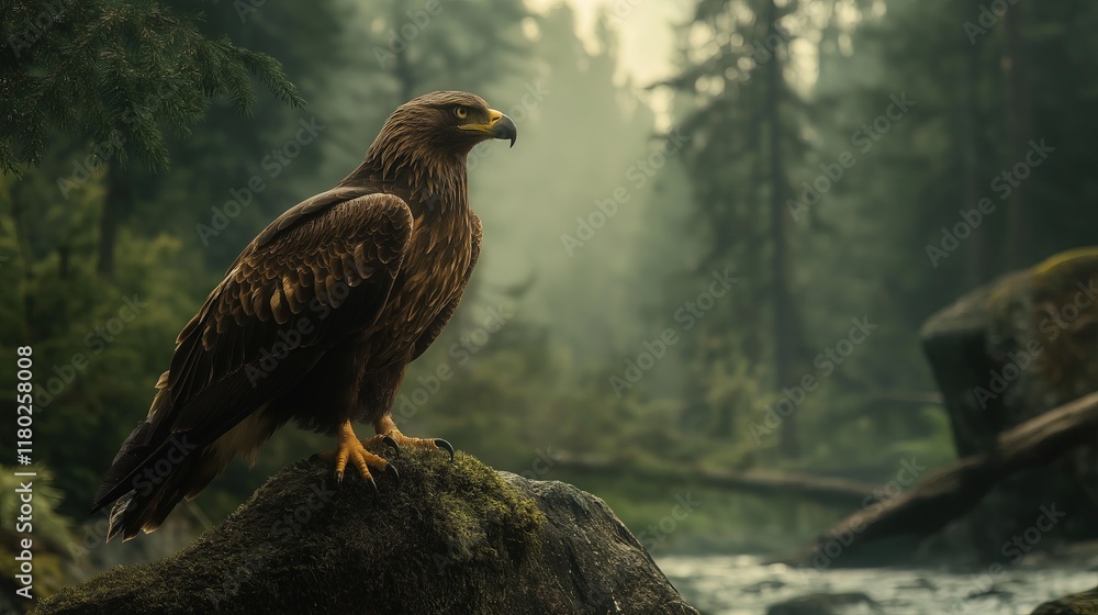 Fototapeta premium A large brown eagle is perched on a rock near a river