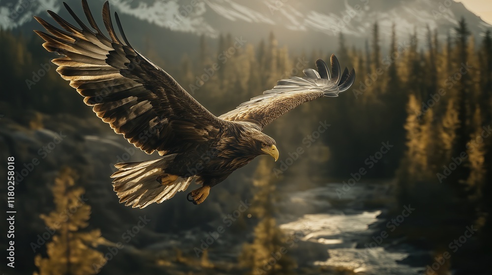 Fototapeta premium A large eagle is flying over a river with trees in the background