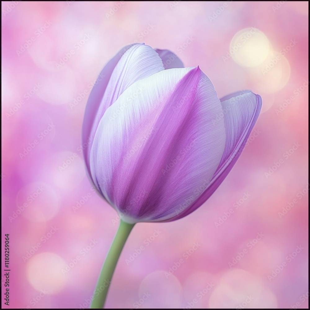 Single purple and white tulip blossom on pink bokeh background. Single purple and white tulip blossom on pink bokeh background.