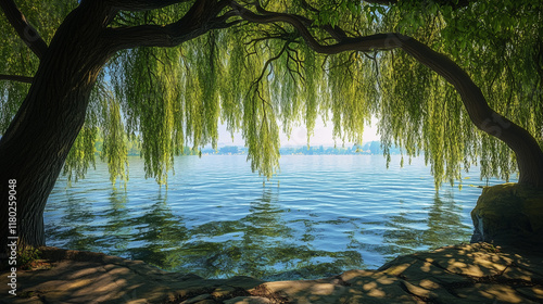 A quiet harbor framed by weeping willow trees, their branches dipping into the water and creating intricate rippling patterns photo