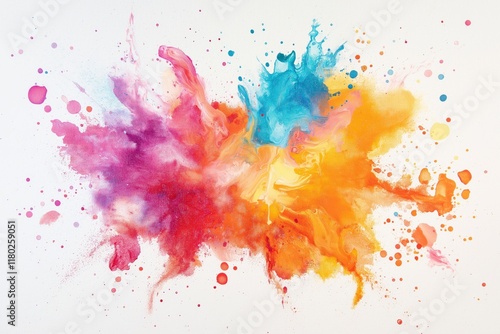 Colorful abstract splash art featuring vibrant hues of pink, blue, orange, and yellow on a white background. photo