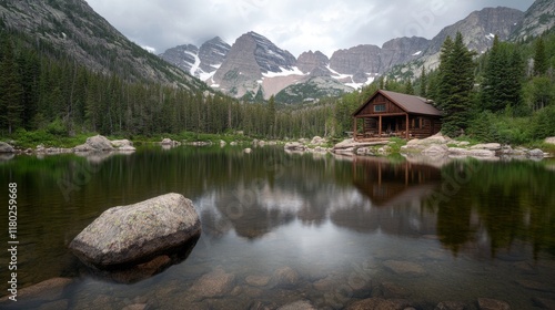 A cozy cabin nestles beside a serene mountain lake, mirroring towering peaks and lush forests under a cloudy sky. photo