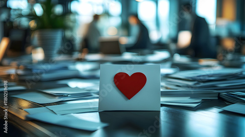 Letter with red heart on the business office desk with laptops, papers and businessmen in the background. Concept of Valentine's Day in business environment.