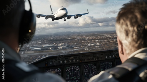 Two pilots, inside a cockpit, coordinate the landing of a plane while another aircraft approaches, showcasing precision and teamwork above a sprawling cityscape. photo