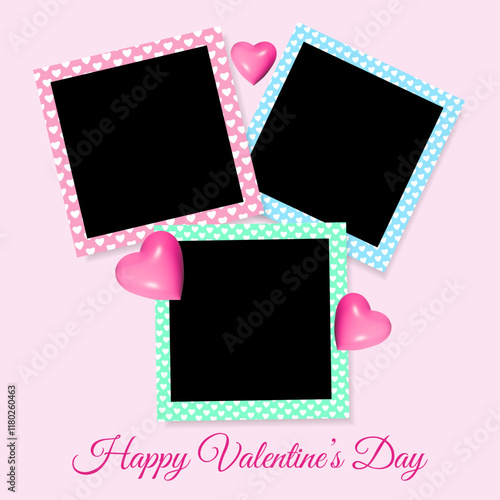 Set of photo frame mockup  scrapbook realistic with shadows and 3d hearts on pink background for Valentine's Day. Borders with different colors
