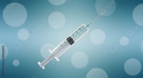 ransparent syringe floating on abstract blue background symbolizing healthcare injection precision and medical safety in modern immunization. Ideal for health campaigns and public healthcare awareness photo