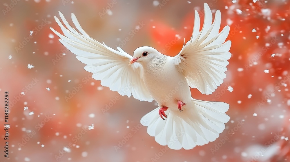 Fototapeta premium White Dove in Flight, Symbolizing Peace and Freedom, Ideal for Nature and Wildlife Enthusiasts