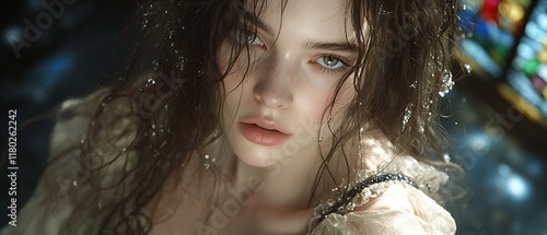 Wet-haired woman with intense gaze.