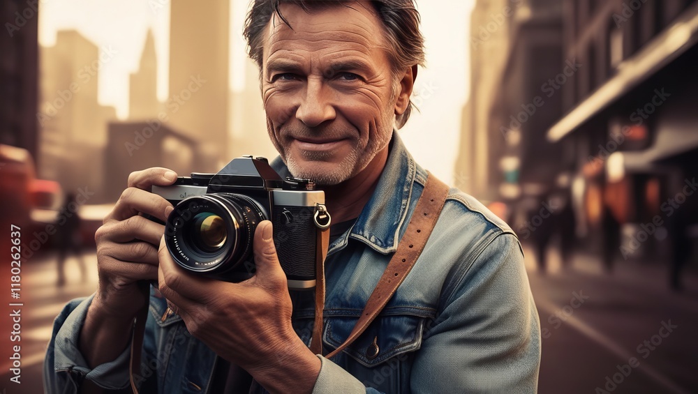 man with camera smiling man with camera smiling