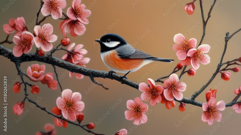 Fototapeta premium Black-capped Chickadee Amongst Nature's Blossoms - A Stunning Display of Avian Beauty