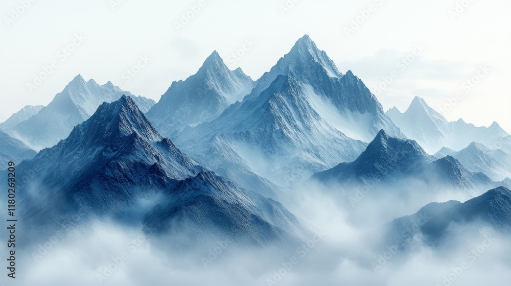 Obraz premium Landscape of Mountains in Fog with White Background - Ideal for Nature and Travel Themes