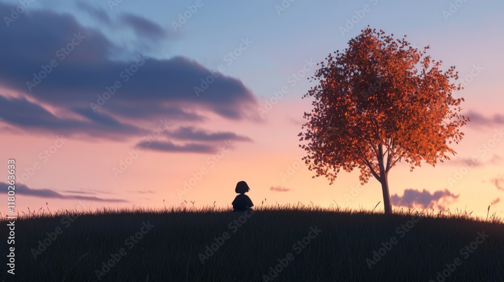 Fototapeta premium Silhouetted child sits in grass, gazing at sunset behind autumn tree.