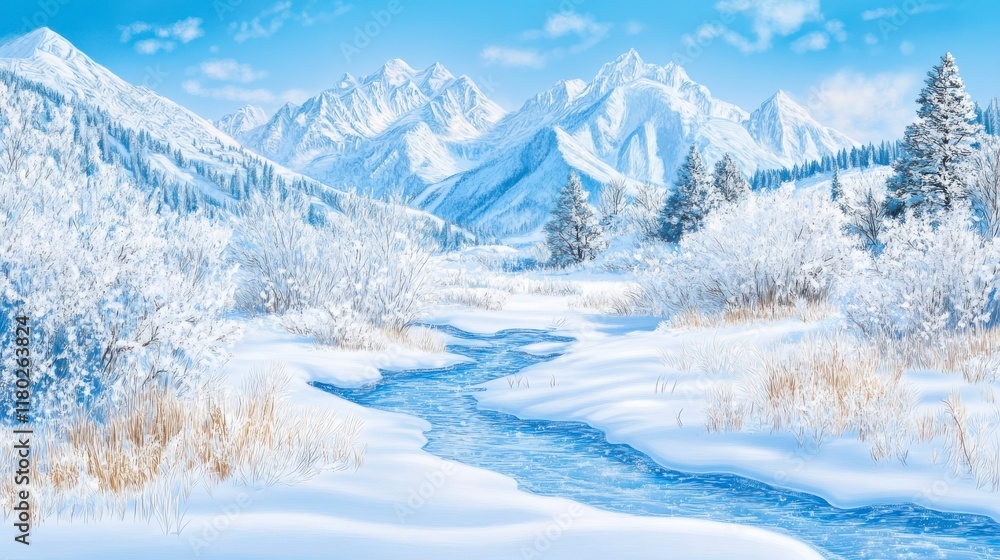 Fototapeta premium Breathtaking Winter Mountain Valley Scene: A Frigid River Meanders Through Snowy Forests and Majestic Peaks