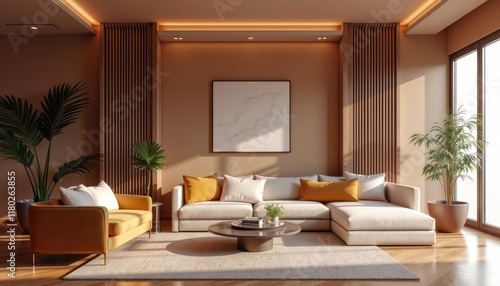 Wallpaper Mural Modern art deco interior living room with a large white sectional sofa, a yellow armchair, and a coffee table. The room is decorated with plants and has a neutral color palette. Torontodigital.ca