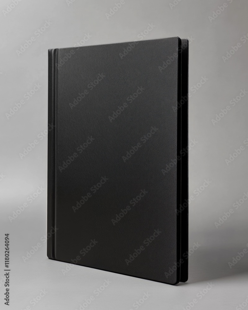 Minimalistic Black Folder: Blank Book Cover for Professional Use, Open to Showcase Your Content in a Studio Setting Minimalistic Black Folder: Blank Book Cover for Professional Use, Open to Showcase Your Content in a Studio Setting