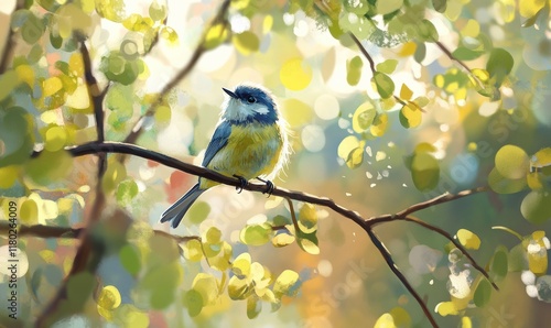 bird blue tit sings a song among the young green of the tree in early spring