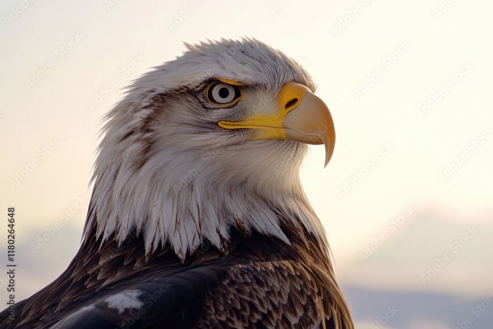 Fototapeta premium A close-up shot of a bald eagle perched on a mountain, offering a stunning view of its natural habitat