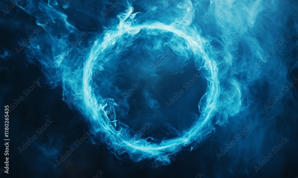 Obraz premium Blue circle with smoke surrounding it. The image has a dreamy, surreal quality to it