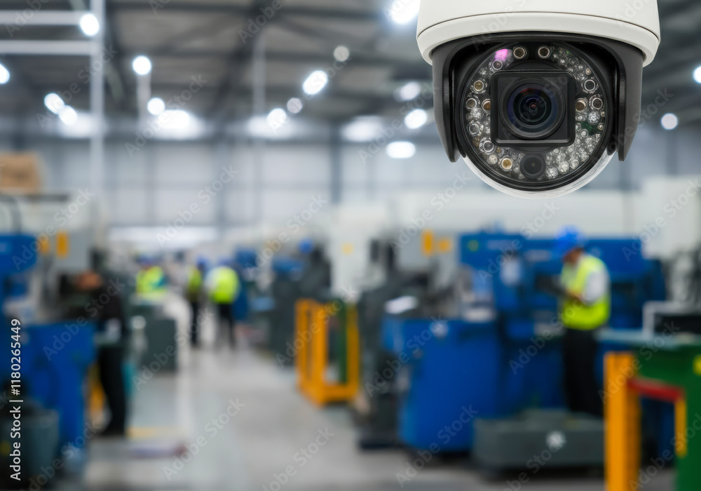 Fototapeta premium Security camera monitors factory workers engaged in machinery tasks during daytime operations