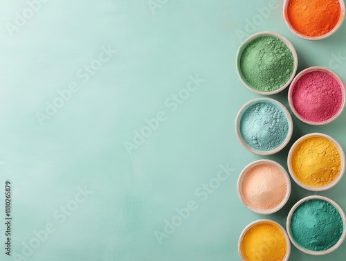 Holi Color Powders in Wooden Bowls on Teal Background 11 photo