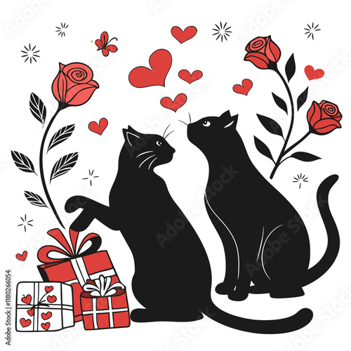 happy valentine's day couple cute cat in love animal silhouette vector illustration