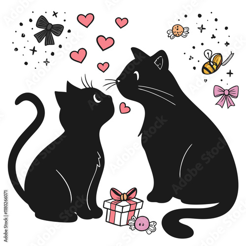 happy valentine's day couple cute cat in love animal silhouette vector illustration