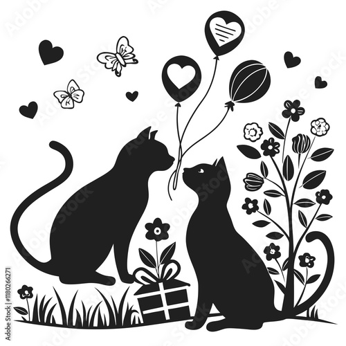 happy valentine's day couple cute cat in love animal silhouette vector illustration