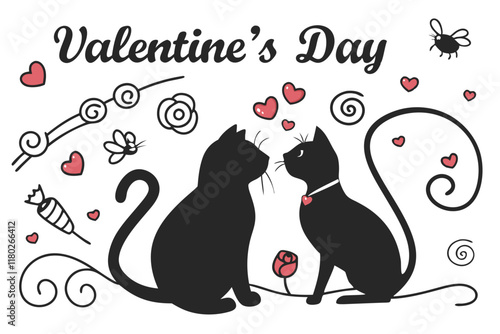 happy valentine's day couple cute cat in love animal silhouette vector illustration