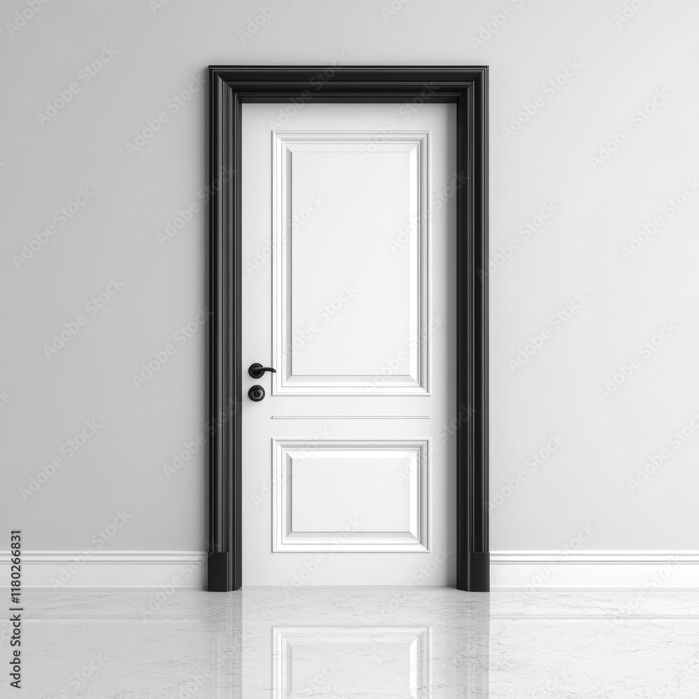 3D Interior Scene Featuring an Open Door and a Black Frame Mockup on a White Wall 3D Interior Scene Featuring an Open Door and a Black Frame Mockup on a White Wall