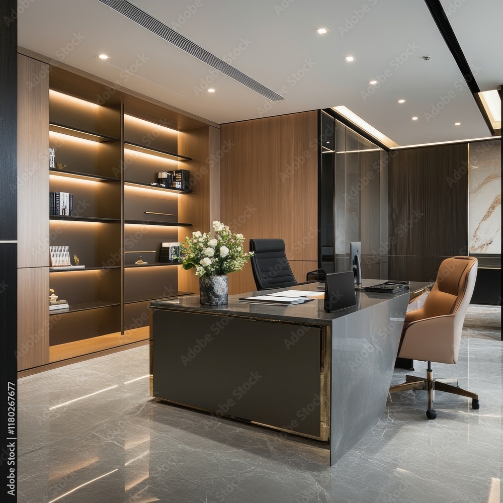 © Fotograf - A modern office setup with a desk and chair © Fotograf - A modern office setup with a desk and chair