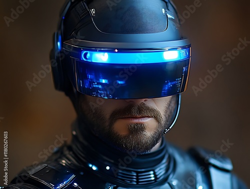 Close-up of man wearing futuristic helmet with blue visor.