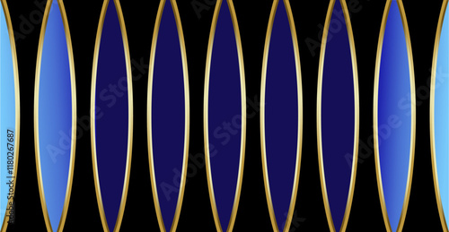 repetition of gold curved lines and abstract geometric fields in black on a blue gradient background