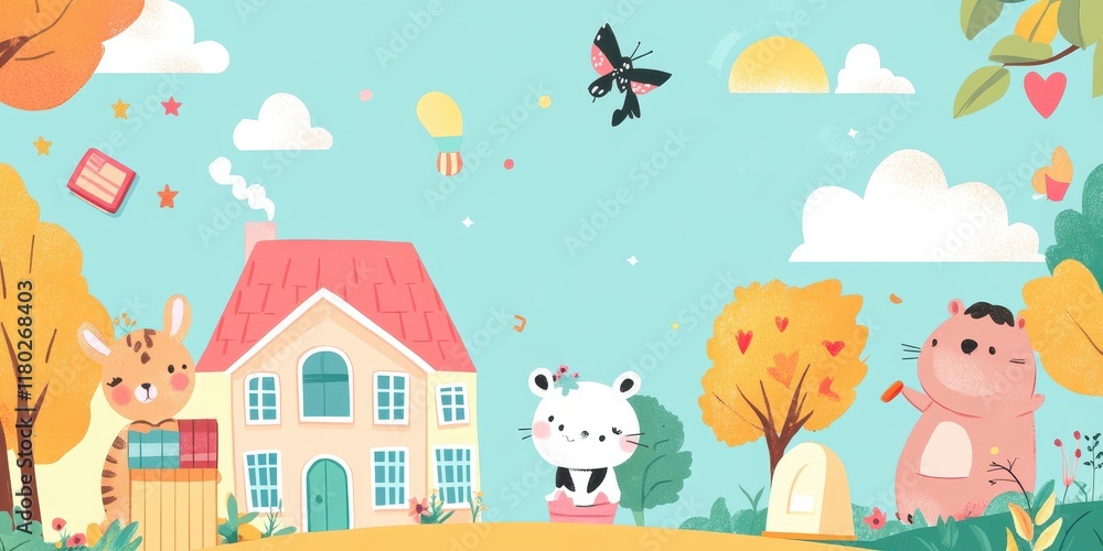 Adorable Animals Play in a Sunny Neighborhood Scene Adorable Animals Play in a Sunny Neighborhood Scene