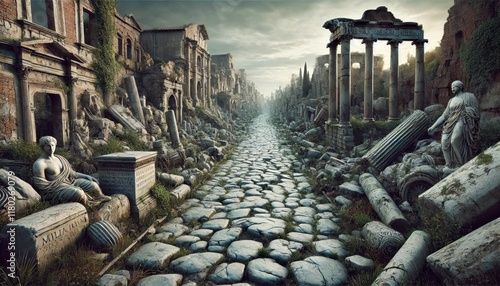 Ancient Roman road with ruins and lush scenery, showcasing historical decay. Generated with AI. photo