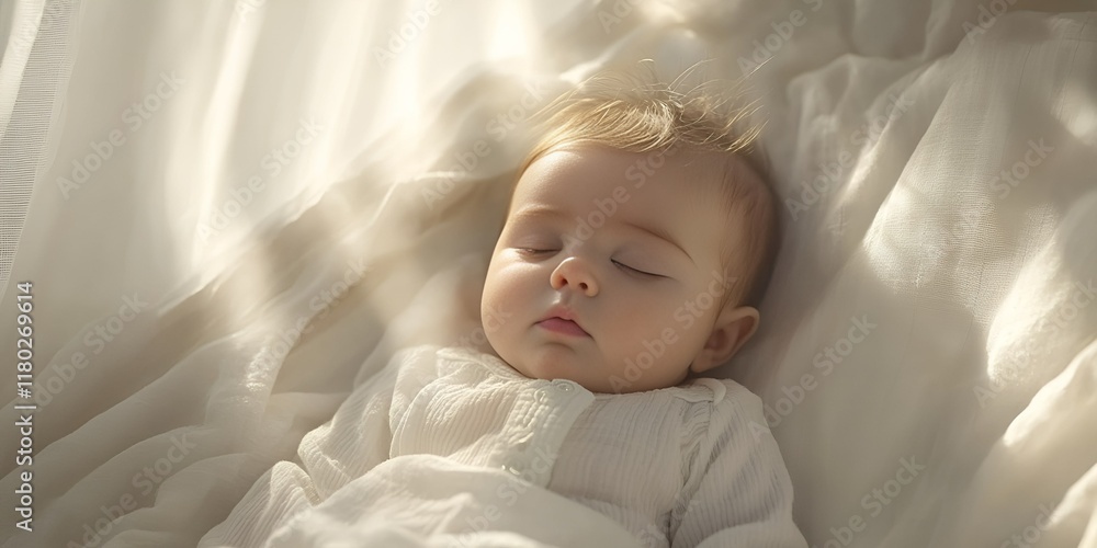 Peaceful sleeping baby in soft white bedding illuminated by warm sunlight Peaceful sleeping baby in soft white bedding illuminated by warm sunlight