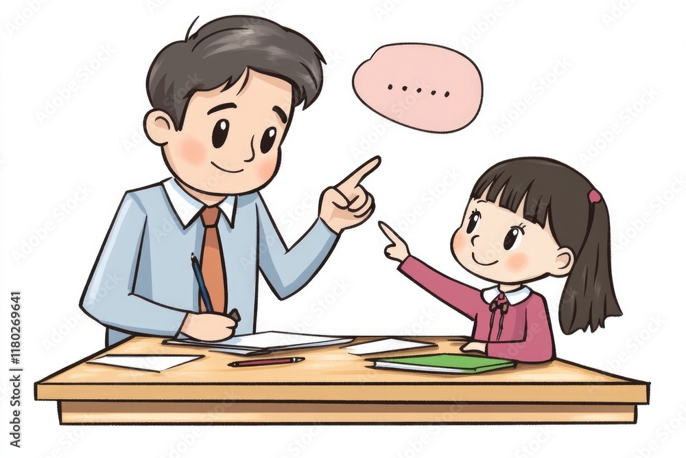 Educator Assisting Young Girl with Homework at Desk - Asian Student Engaged in Learning Educator Assisting Young Girl with Homework at Desk - Asian Student Engaged in Learning
