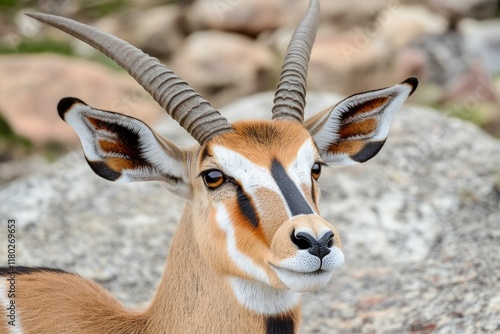 A close-up shot of an antelope's head and large horns, great for wildlife or nature-themed images photo