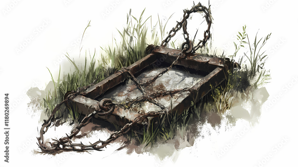 Open bear trap on white. Meadowfall. Illustration Open bear trap on white. Meadowfall. Illustration