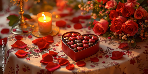 Une boîte de chocolats en cœur, posée sur un nappage blanc, est sublimée par une bougie scintillante et un bouquet de fleurs douces. photo