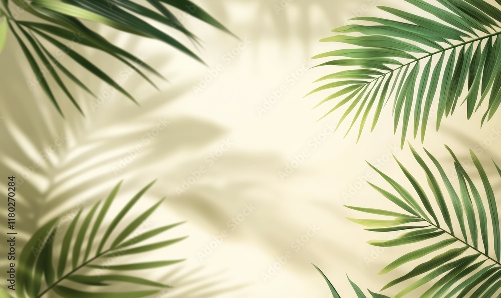 Blurred shadow from palm leaves on light cream wall. Minimalistic beautiful summer spring background for product presentation. Blurred shadow from palm leaves on light cream wall. Minimalistic beautiful summer spring background for product presentation.