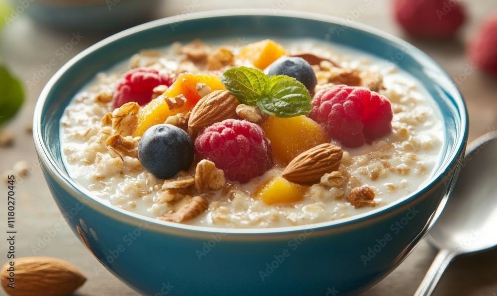 Creamy bowl of soup with grains, fruits, and nuts. This nutritious meal is a healthy choice for breakfast or snacking.