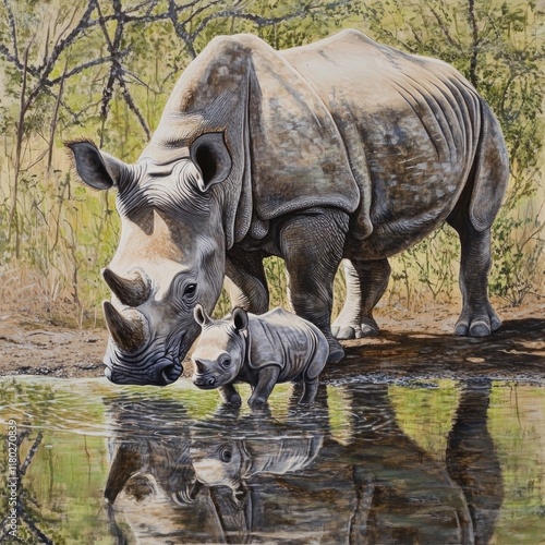 A rhino mother and calf drinking water together, showcasing maternal bond photo