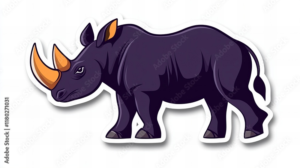 Fototapeta premium A cartoon rhino sticker. Dark purple rhino with orange horns.