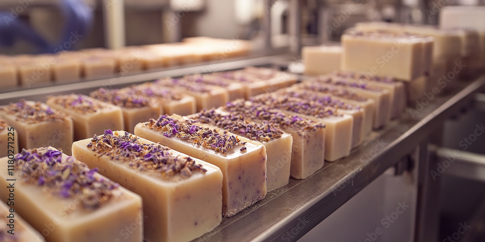 Neatly aligned handcrafted lavender soap bars, each topped with dried lavender flowers, displayed on a metal surface in a soap-making factory, creating a fresh, aromatic scene Neatly aligned handcrafted lavender soap bars, each topped with dried lavender flowers, displayed on a metal surface in a soap-making factory, creating a fresh, aromatic scene