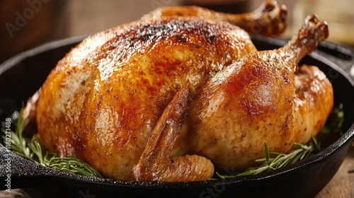 Roasted whole chicken served in a cast iron pan