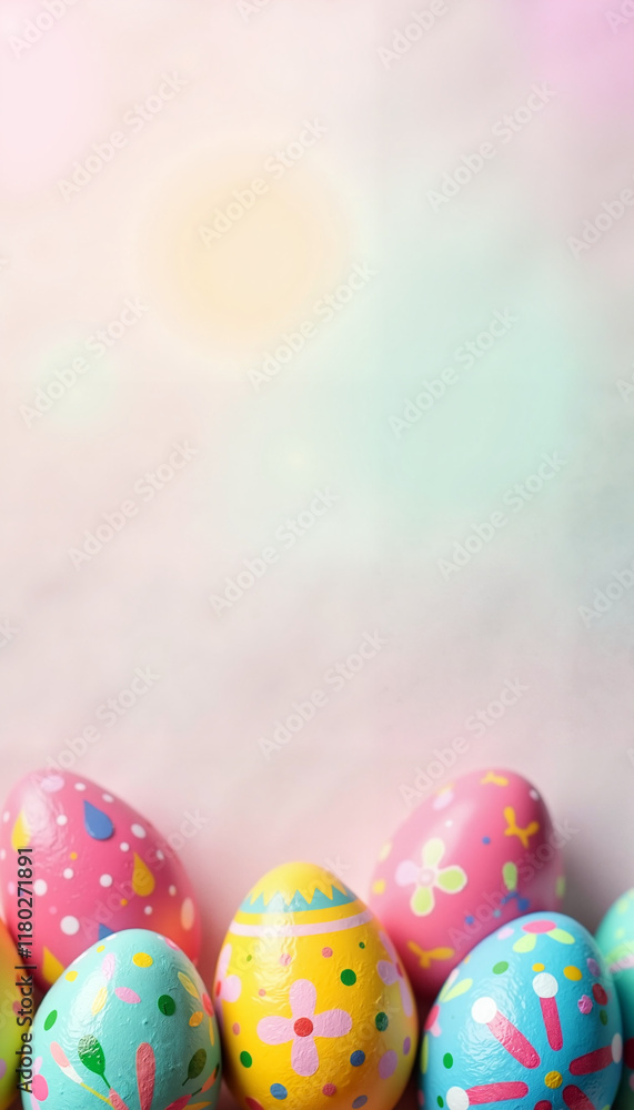 Fototapeta premium Colorful Easter Eggs, Pastel Tones, Festive Spring Background with Copy Space