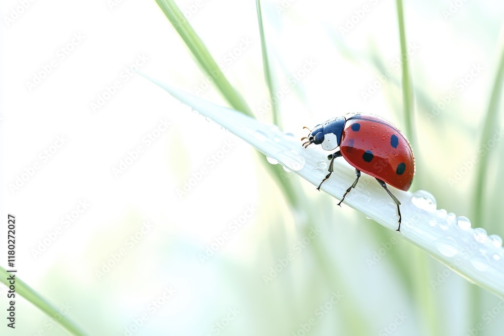 Fototapeta premium A small ladybug perched at the tip of a single grass blade, enjoying the warm sun