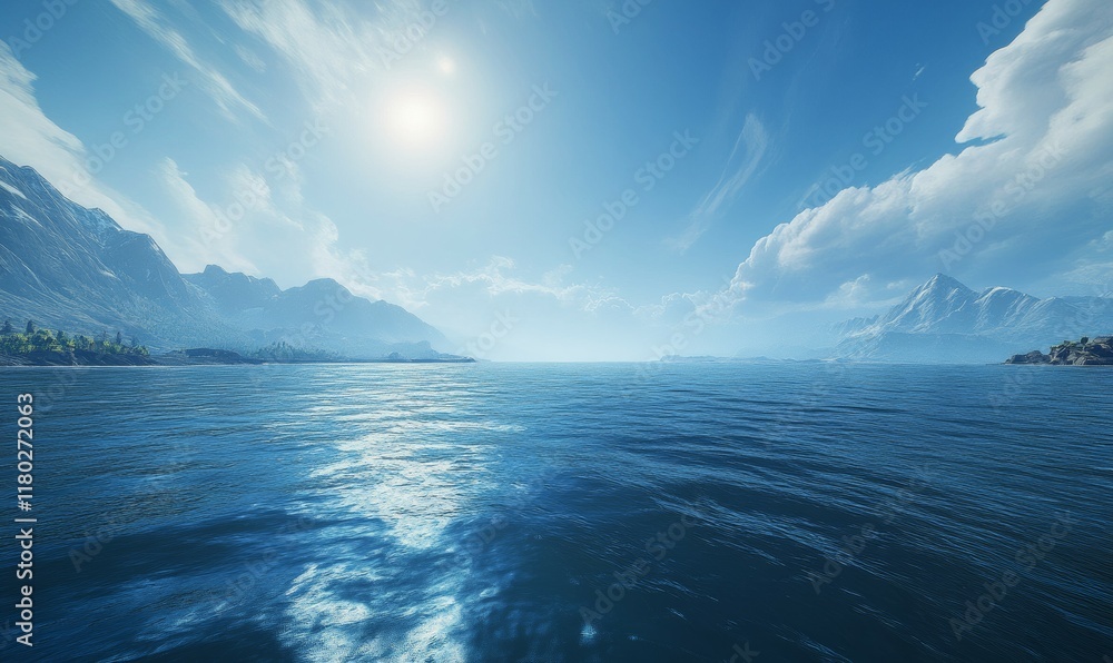 Fototapeta premium Blue ocean on sunny day, sea with sky, Ripple wave and calm sea with sunlight